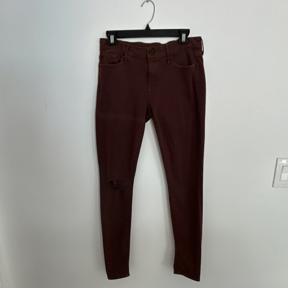 Mother Women's Jeans Skinny Cabernet Denim Distressed Zip Button 5-Pocket Design